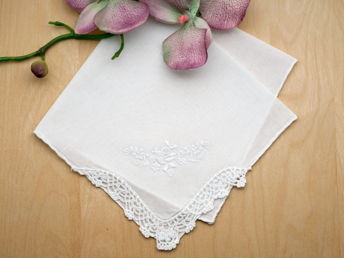 Set of 3 White Embroidered Handkerchiefs with Roses and Crochet