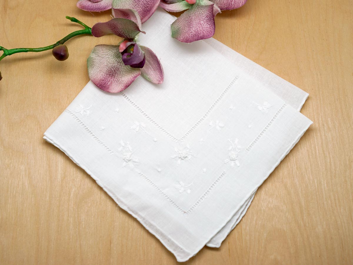 Set of 3 White Rosebuds Wedding Handkerchief