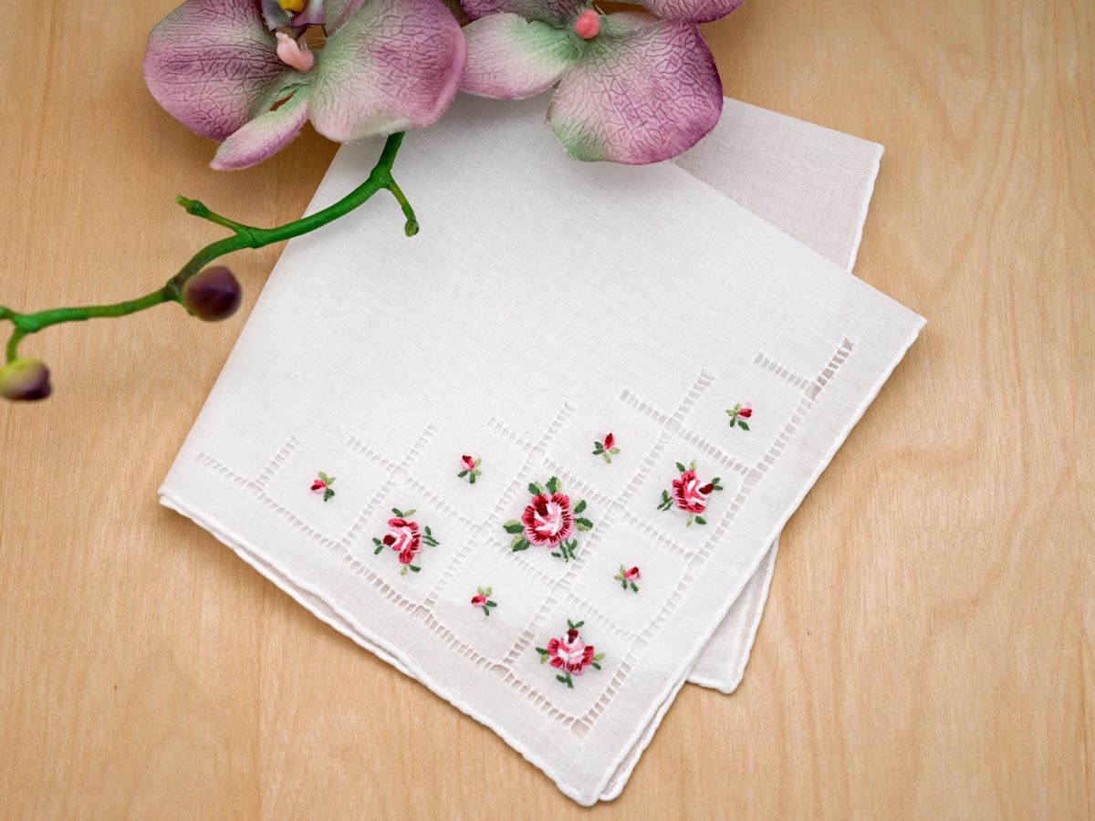 Swiss Pink and Red Roses Embroidered Handkerchief
