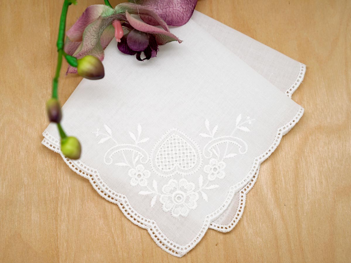 Scallop Edge Swiss Ladies Handkerchief with Hearts and Flowers