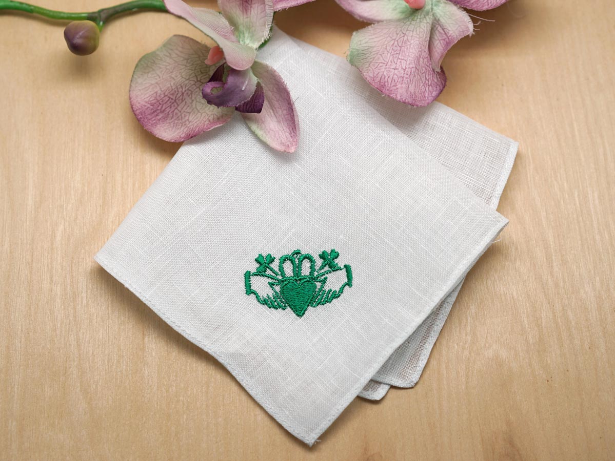 Irish Linen Green Claddagh Embroidered Handkerchief