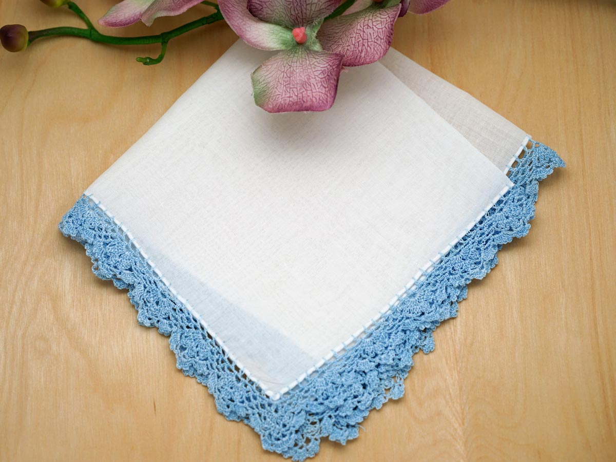 Set of 3 Scallop Crochet Lace Handkerchiefs with Blue Edges