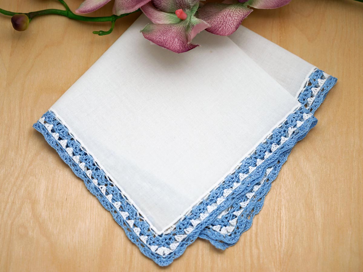 Swiss Blue and White Crochet Lace Handkerchiefs