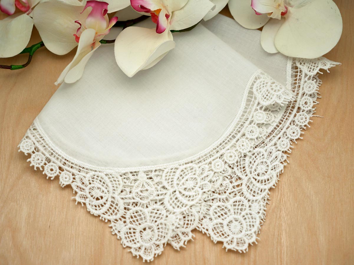 Set of 3 Ivory Peony Cluny Lace Wedding Handkerchiefs