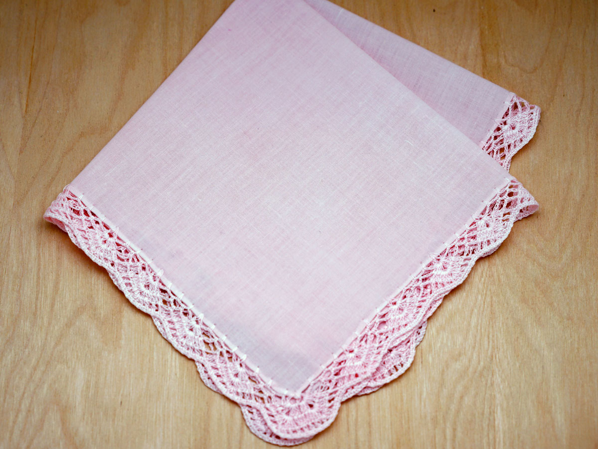 Swiss Pink Small Scallop Crochet Lace Handkerchief