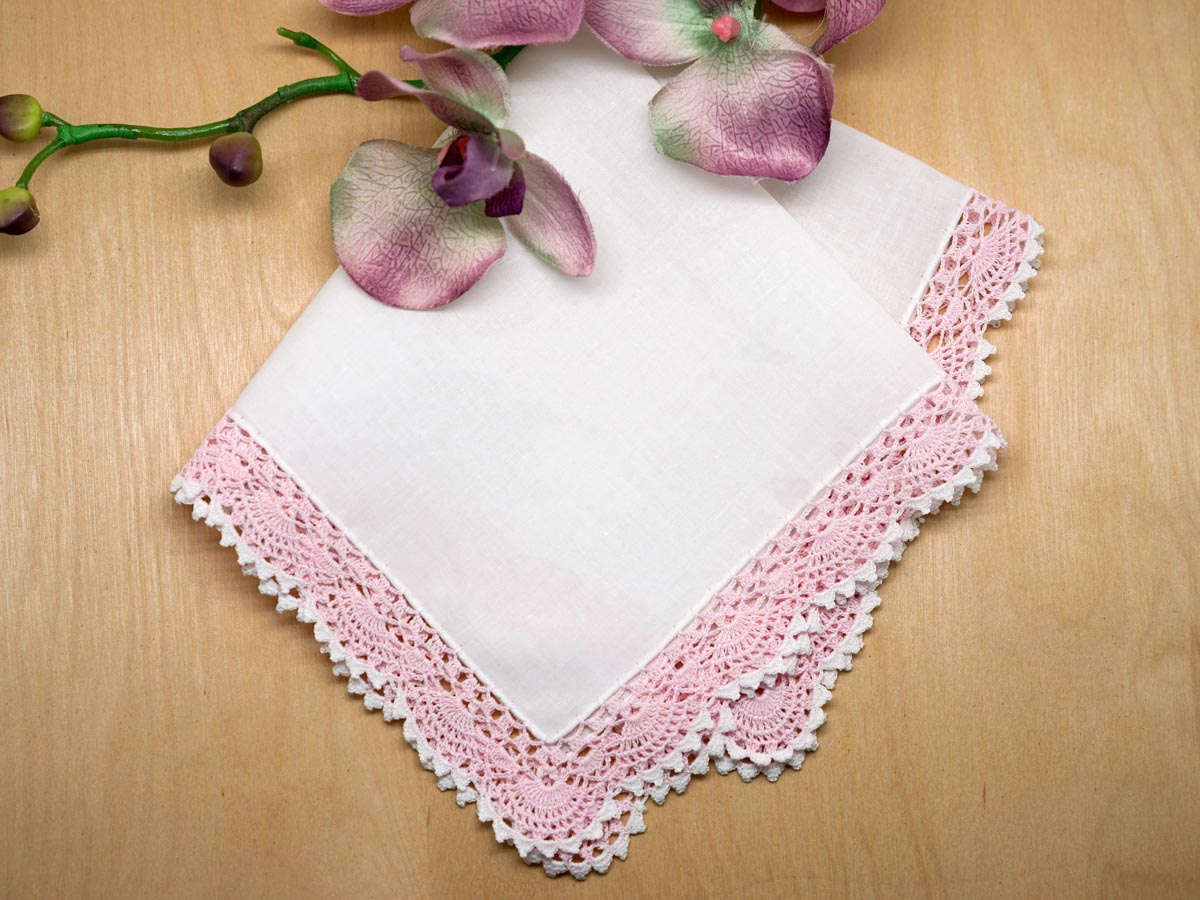 Swiss Pink with White Crochet Lace Handkerchiefs