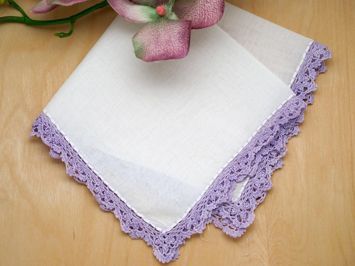 Set of 3 Scallop Crochet Lace Handkerchiefs with Purple Edges