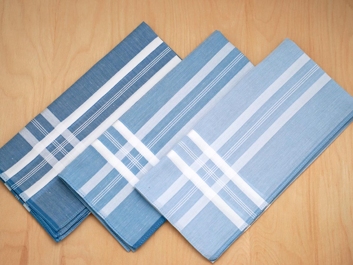 Set of 3 Different Shades of Blue Woven Mens Handkerchiefs