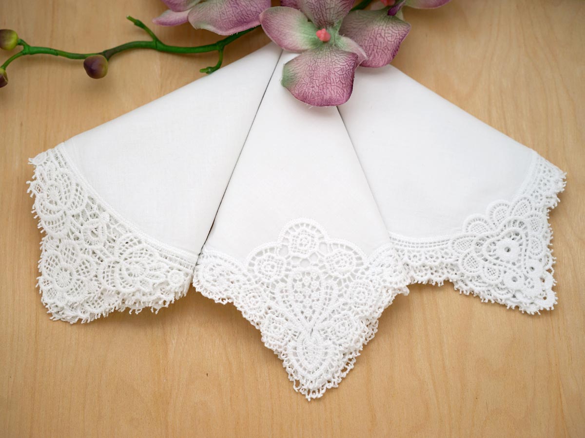 Bridal Set of 3 Different Cluny Lace Wedding Handkerchiefs
