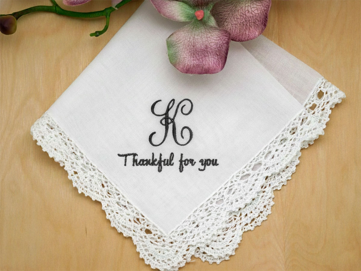 Monogrammed Thank You Hankie w/ 1 Initial 1 Line Font J