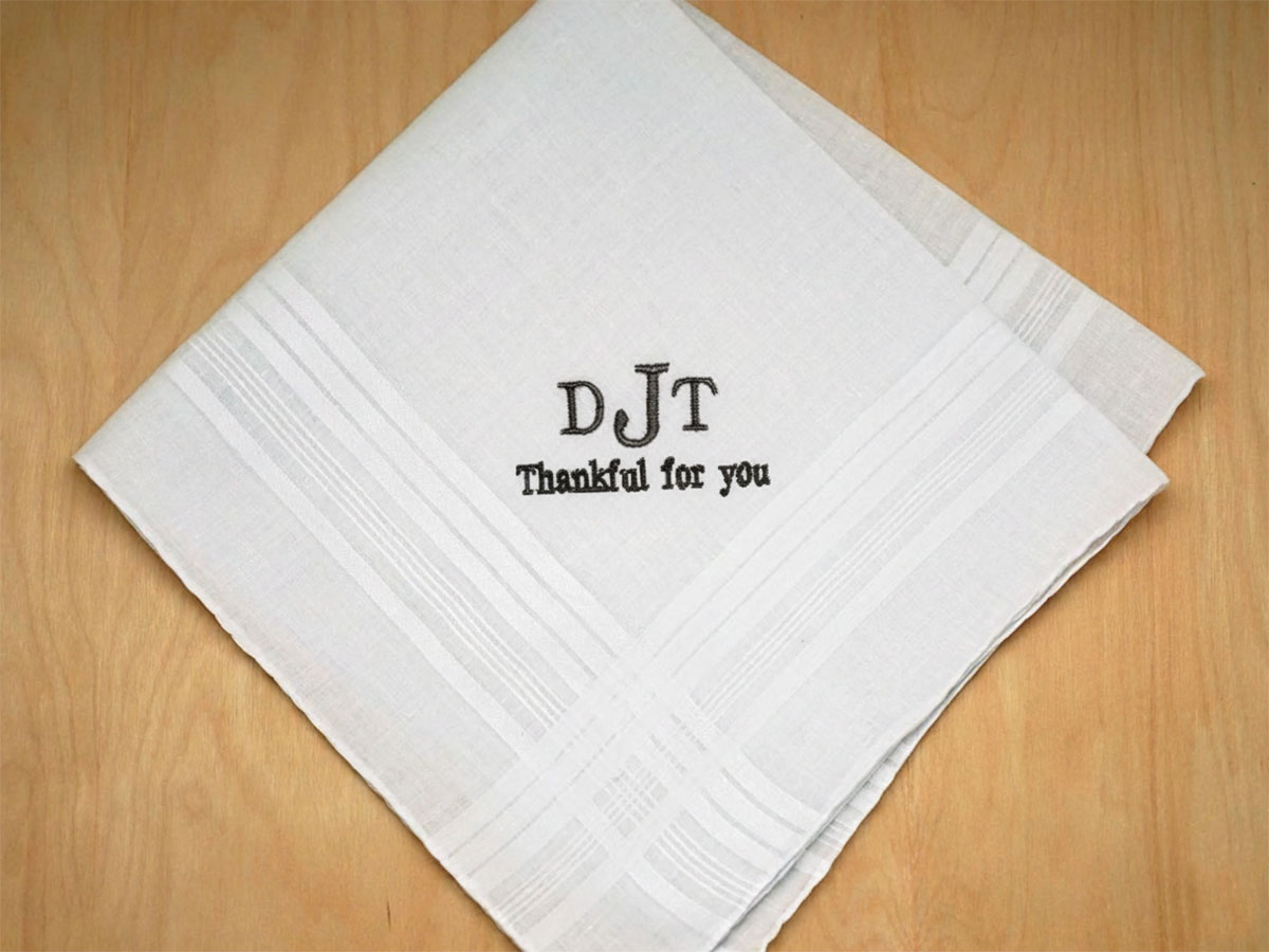 Monogrammed Thank You Mens Hankie w/ 3 Initial 1 Line Font R