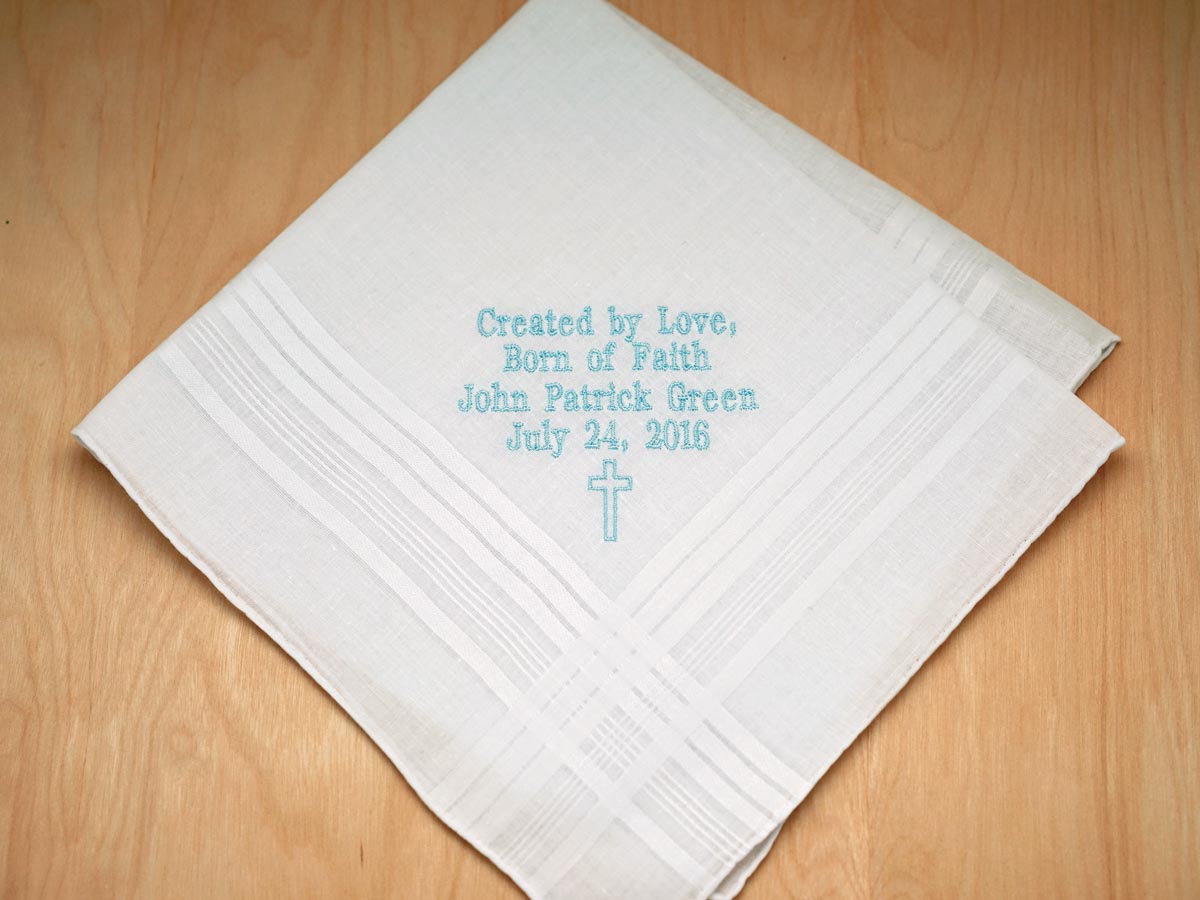 Boys Personalized Up To 3 Lines Hankie w/ Cross Font H
