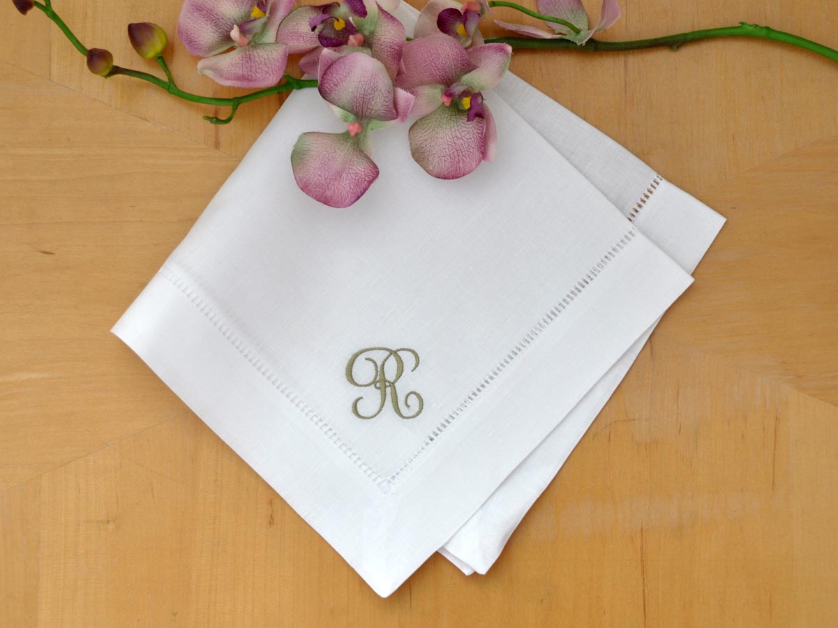 Set of 4 Monogrammed Linen Dinner Napkins w/ 1 Initial- Font J