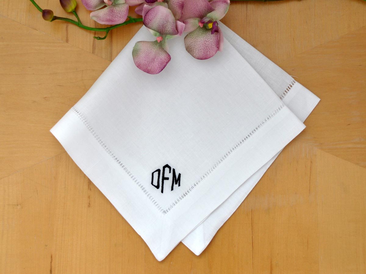 Set of 4 Monogrammed Linen Dinner Napkins w/ 3 Initials- Font D