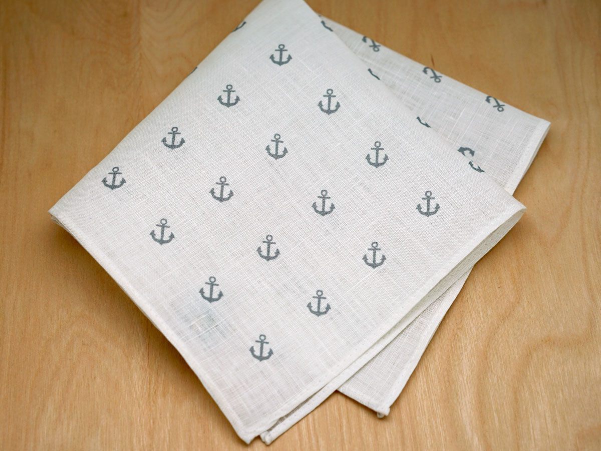 White Mens Linen Pocket Square With Gray Anchors
