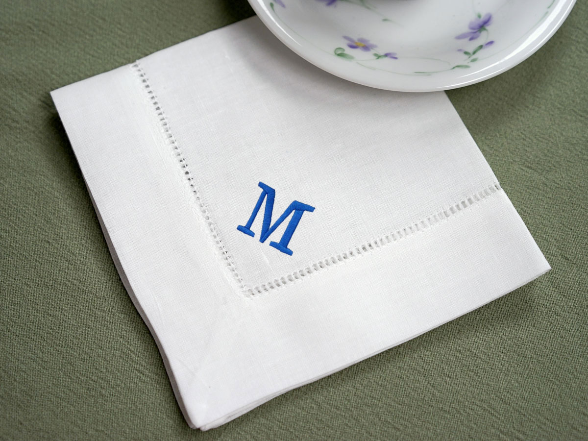 Set of 4 Monogrammed Linen Tea Napkins w/ 1 Initial- Font R