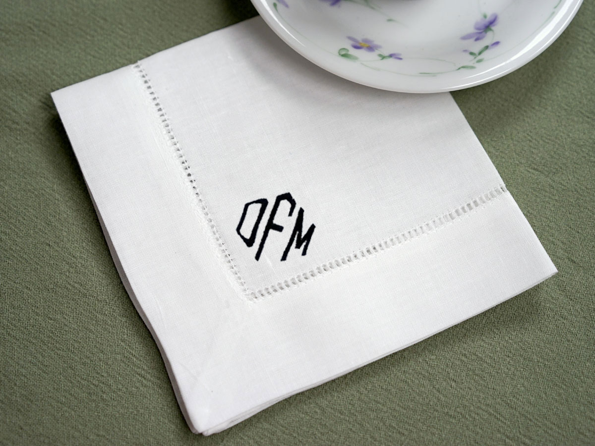 Set of 4 Monogrammed Linen Tea Napkins w/ 3 Initials- Font D