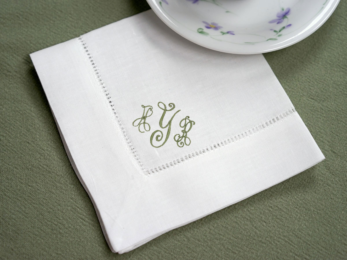 Set of 4 Monogrammed Linen Tea Napkins w/ 3 Initials- Font B