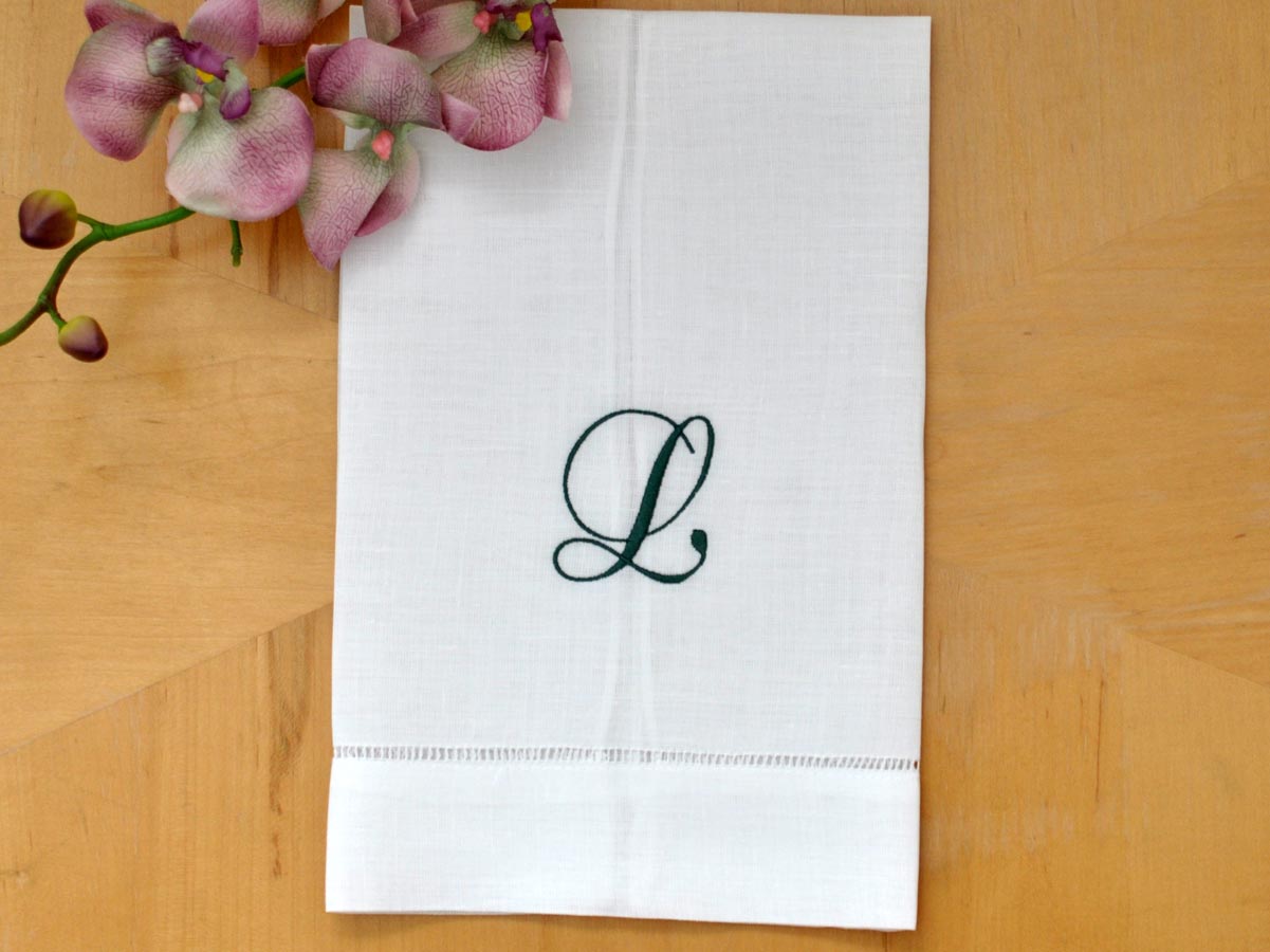 Monogrammed White Linen Hand Towel w/ Single Initial Font A
