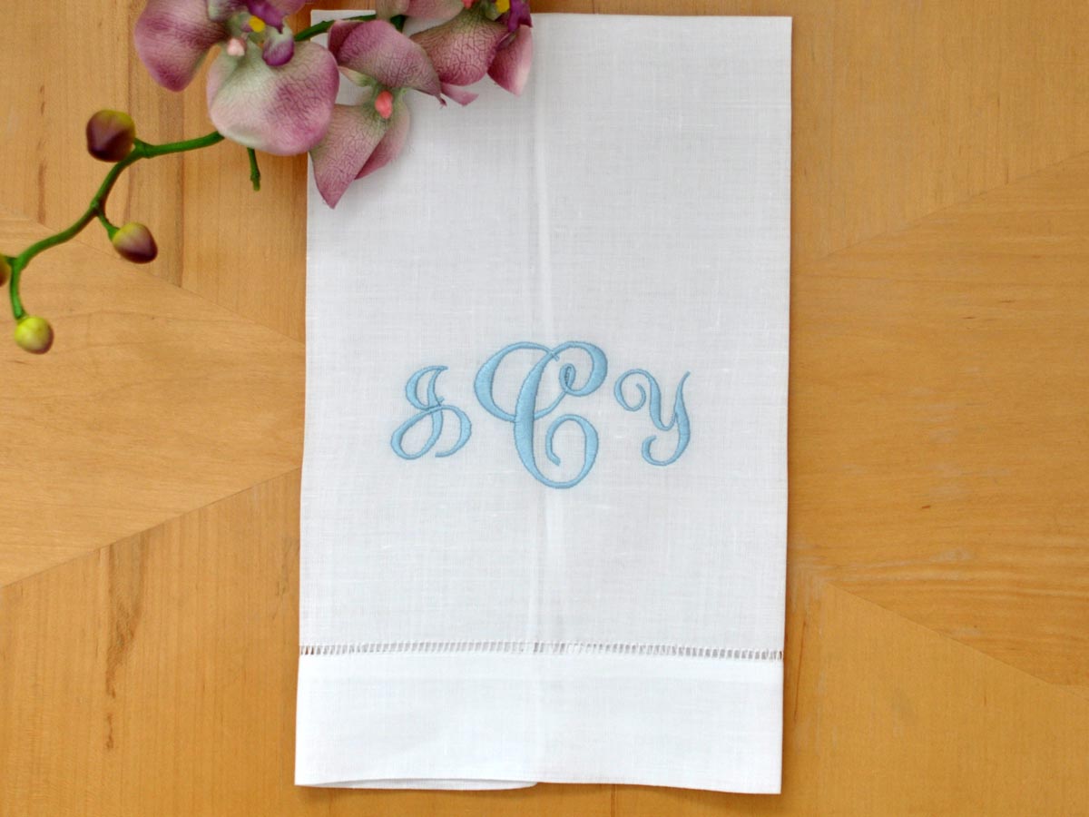 Monogrammed White Linen Hand Towel w/3 Initials Font J