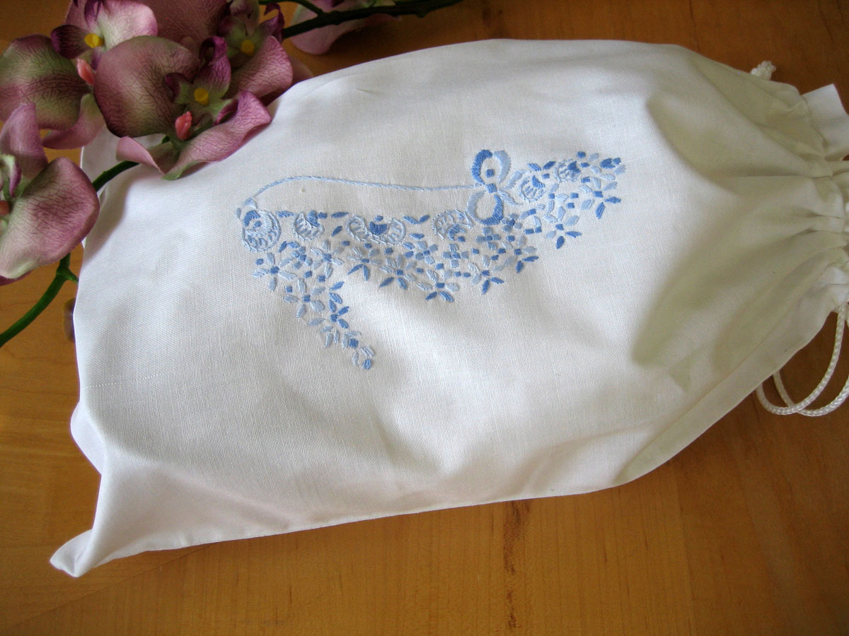 White Cotton Shoe Bag with Blue Embroidery