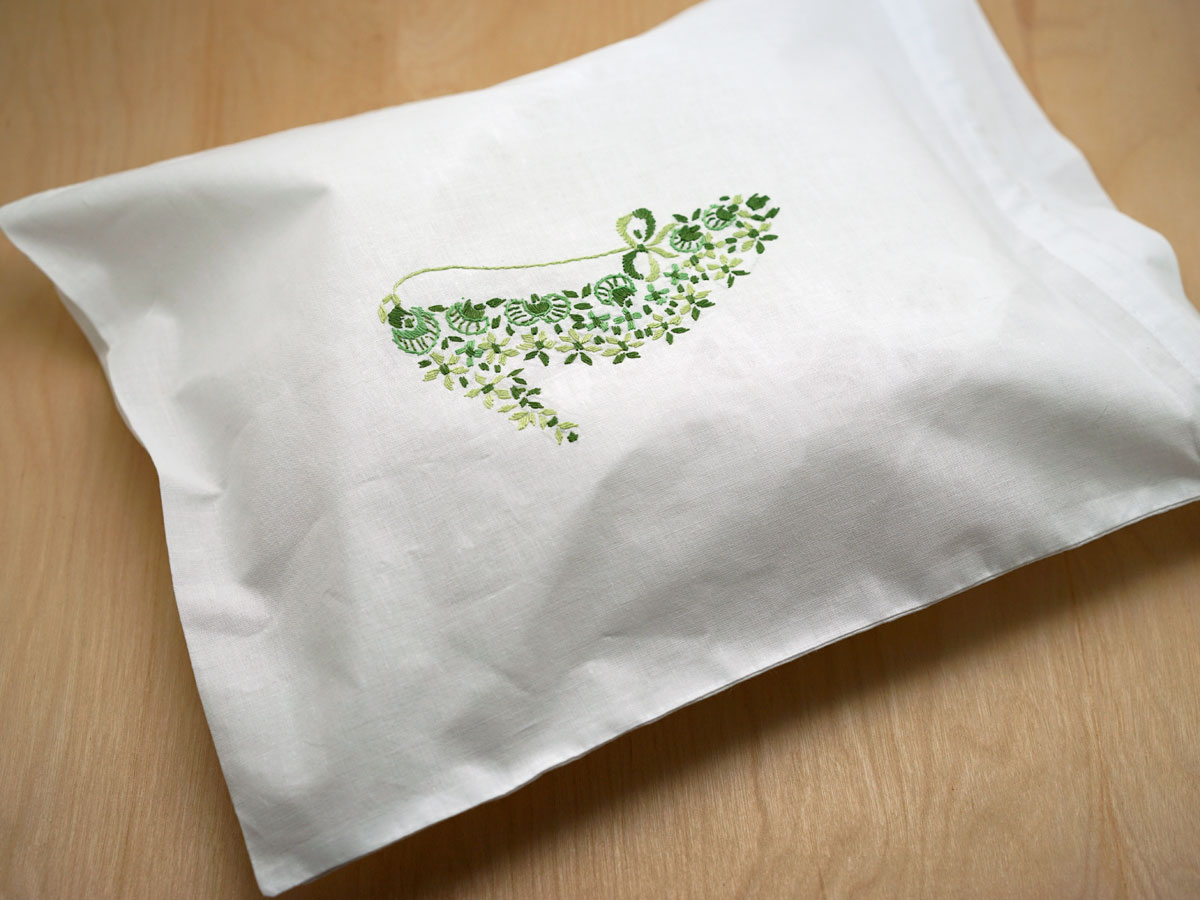White Cotton Shoe Bag with Green Embroidery