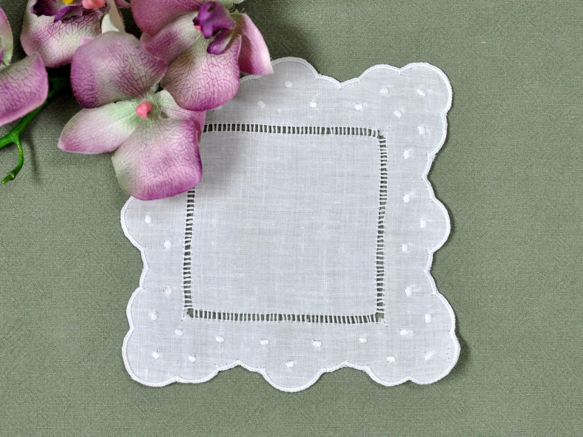 1 Dozen White Linen Cocktail Napkins with Scallop Dot Edges