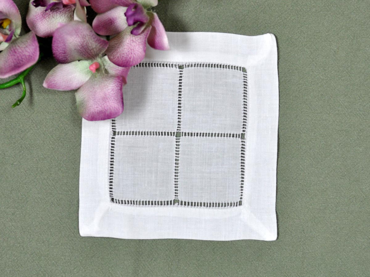 1 Dozen White Square Hemstitched Linen Cocktail Napkins