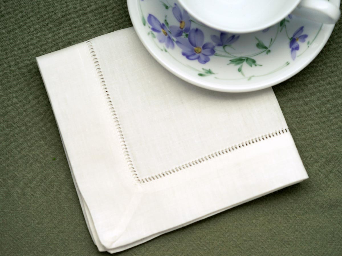 1 Dozen Ivory Hemstitched Linen Tea Napkins - 12 inch