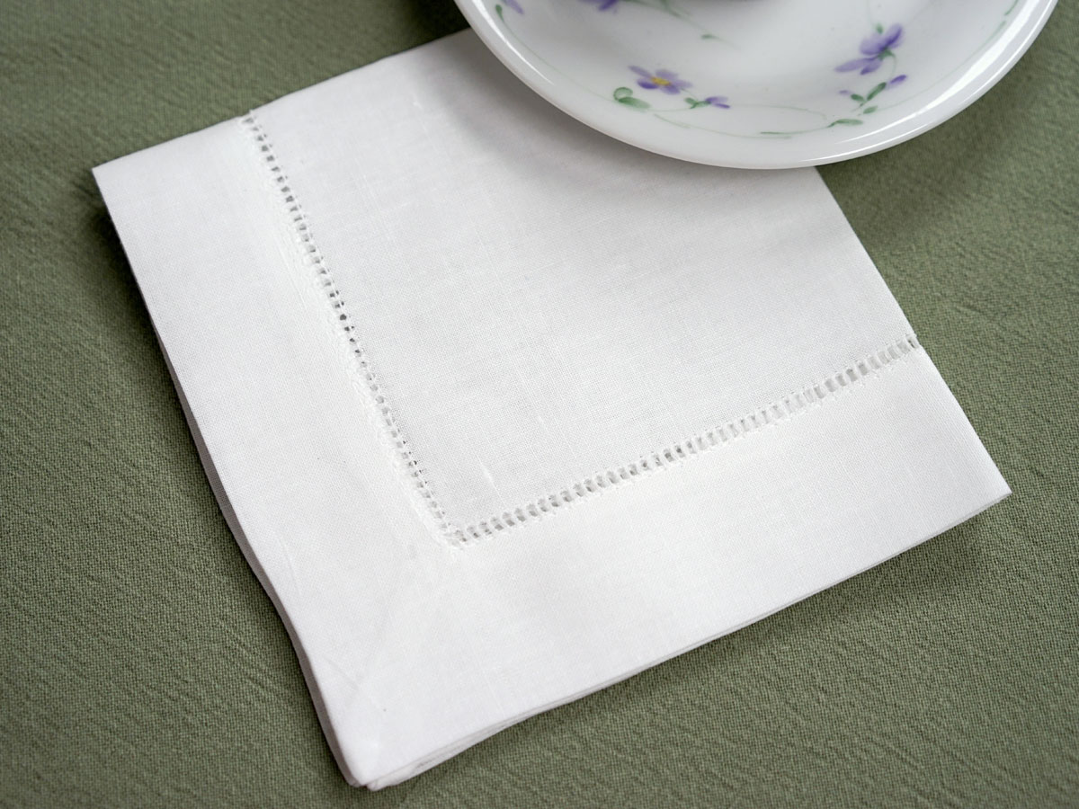 1 Dozen White Wide Hemstitched Linen Tea Napkins - 12 inch