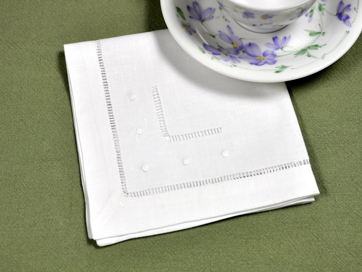 1 Dozen White Hemstitched Linen Tea Napkins with Dots