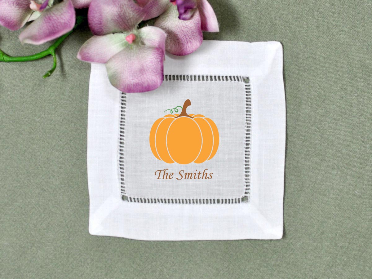 Set of 4 Custom Linen Cocktail Napkins w/ Festive Pumpkin & Name