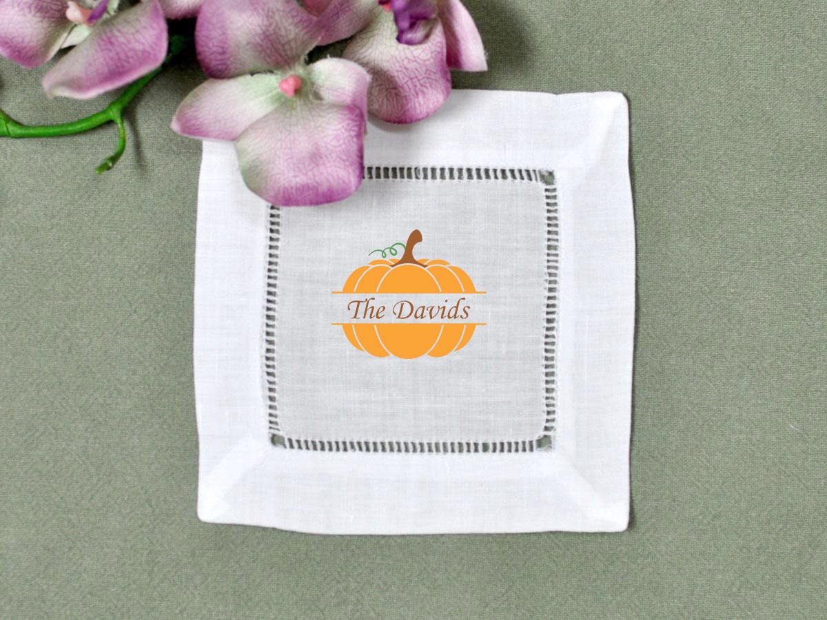 Set Of 4 Custom Linen Cocktail Napkins w/ Thanksgiving Pumpkin