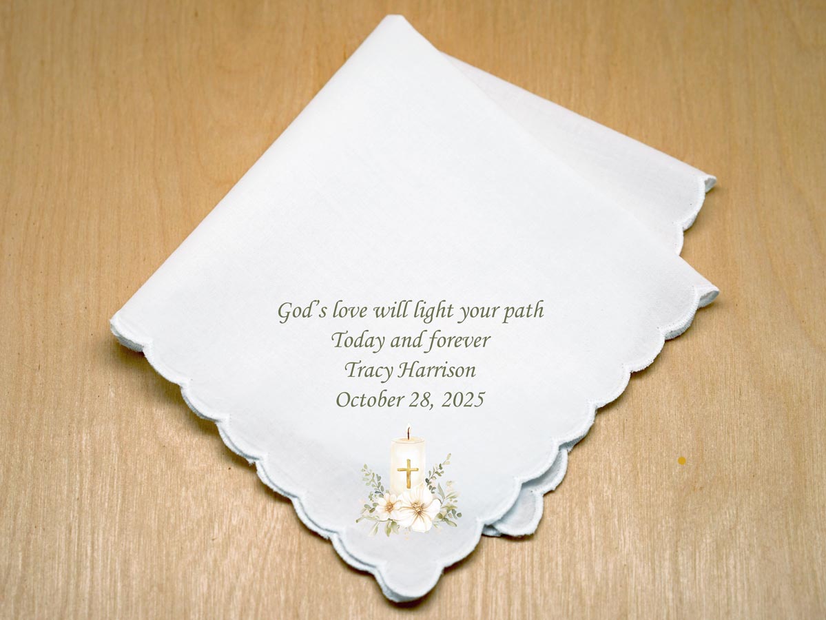 Custom 4 Line Message With Candle & Cross Print Handkerchief