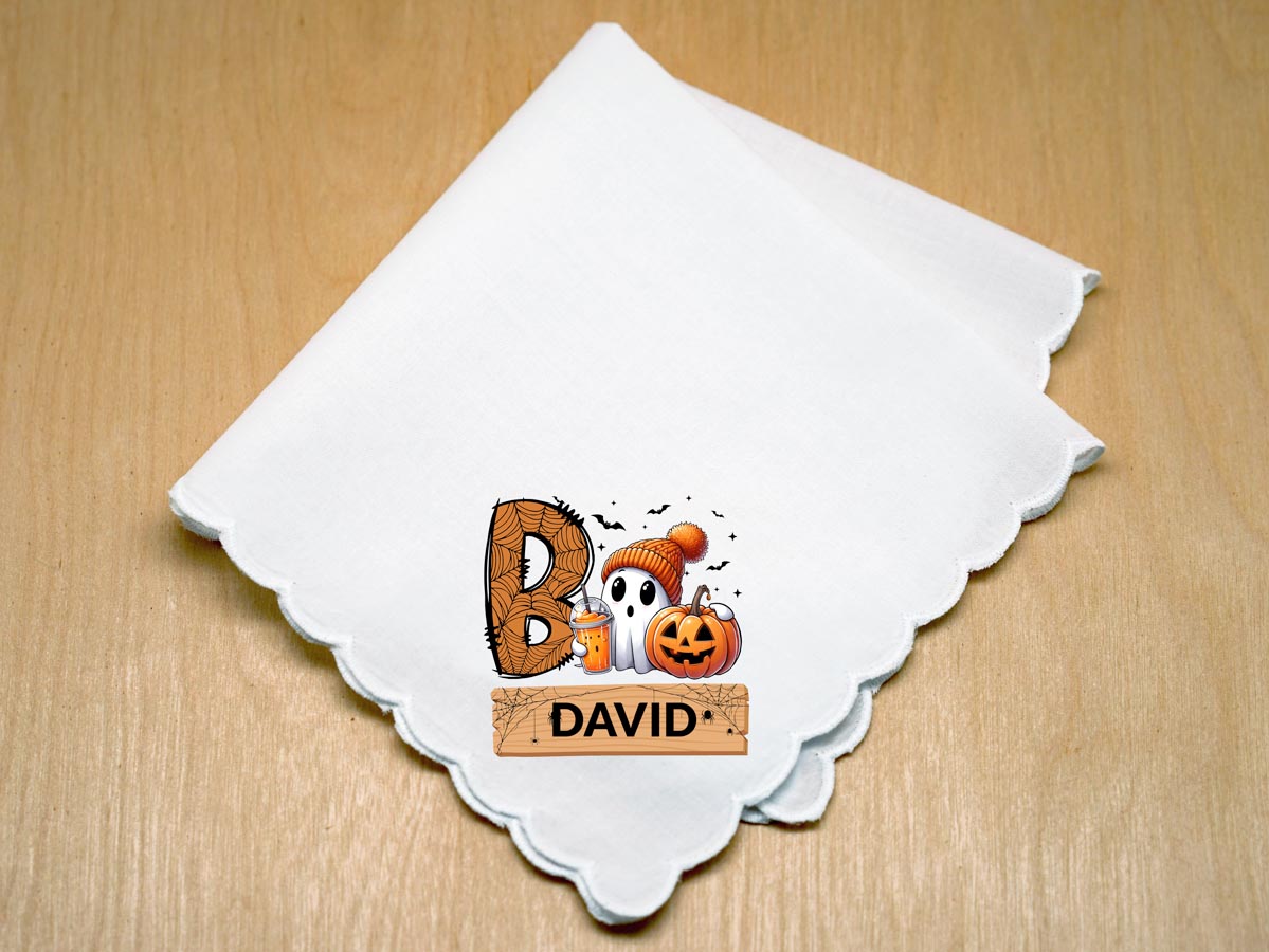 Personalized BOO Halloween Print Hankie w/ Ghost and Pumpkin