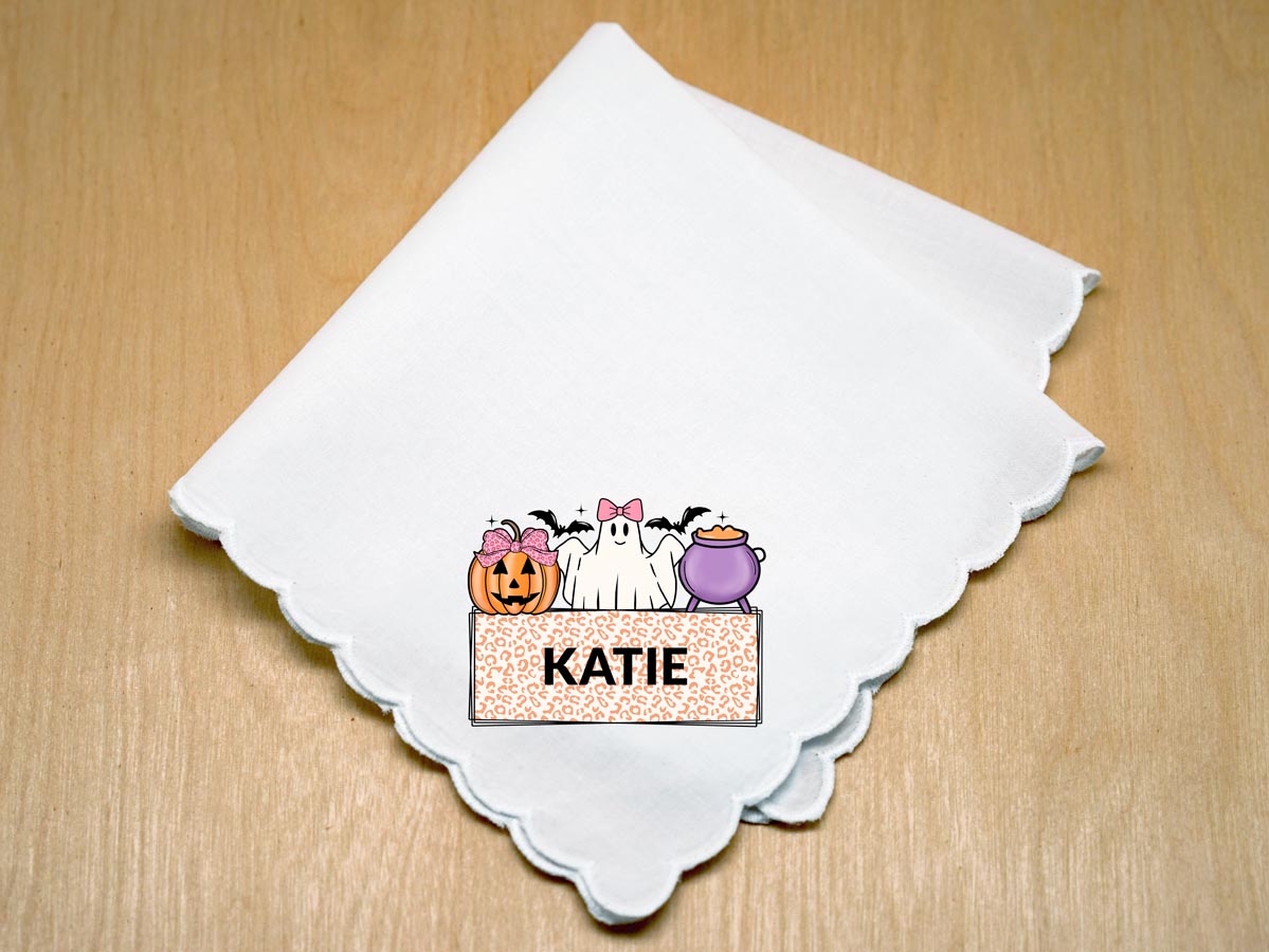 Personalized Halloween Print Hankie w/ Ghost & Pumpkin Trio