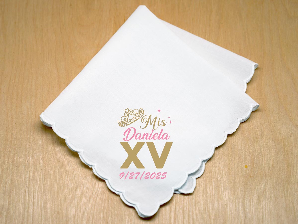Pink & Gold Mis Quinceanera XV w/Date Custom Print Handkerchief