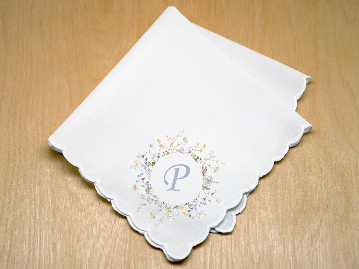 Custom Print Handkerchief w/ Delicate Floral Ring And 1 Initial
