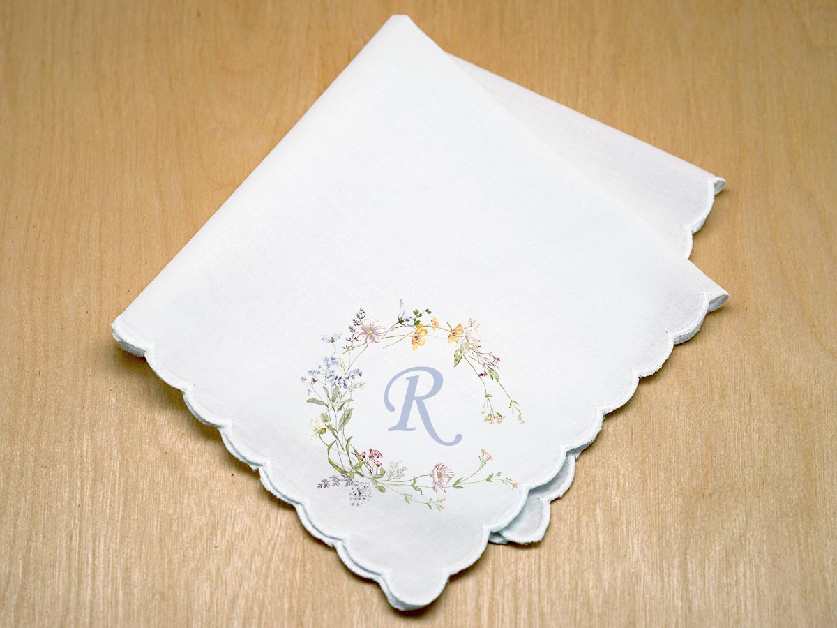 Custom Print Handkerchief w/ Wild Flower Wreath And 1 Initial