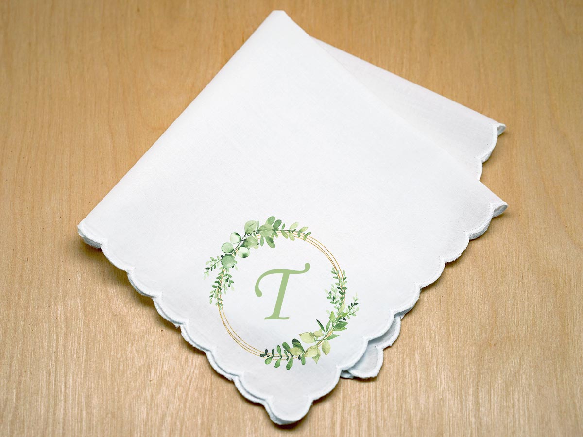 Custom Print Handkerchief w/ Spring Green Wreath And 1 Initial