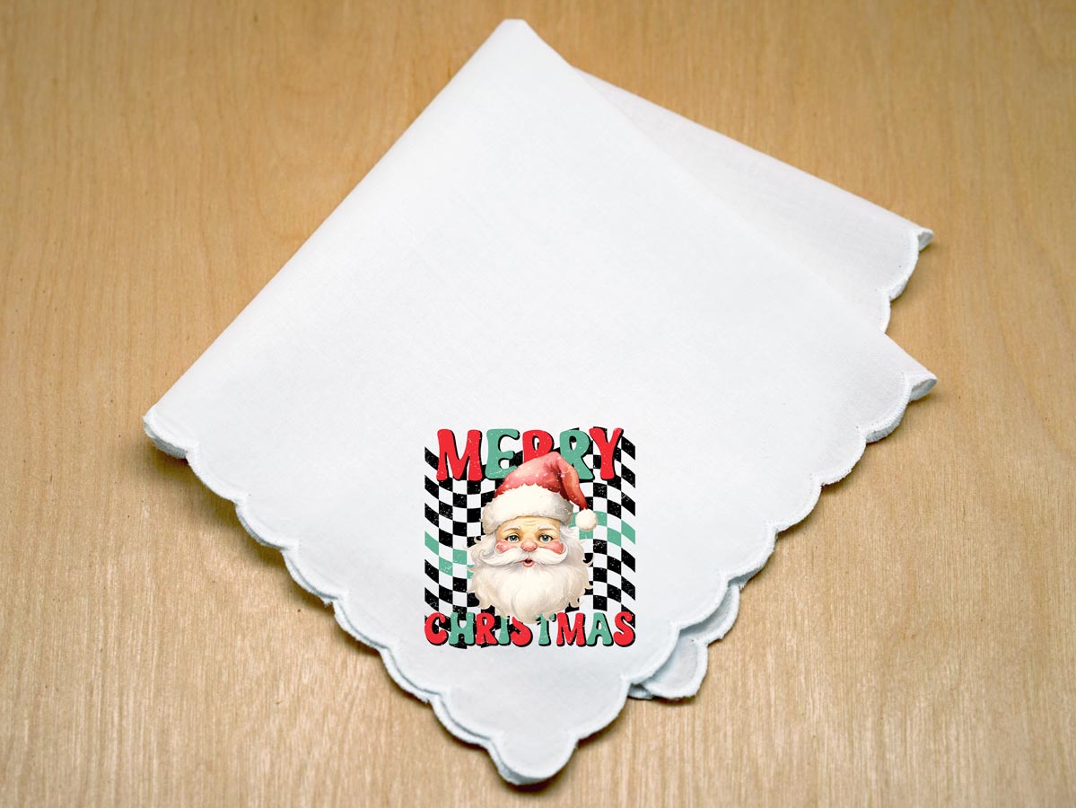 Merry Christmas Santa with Checkered Background Print Hankie