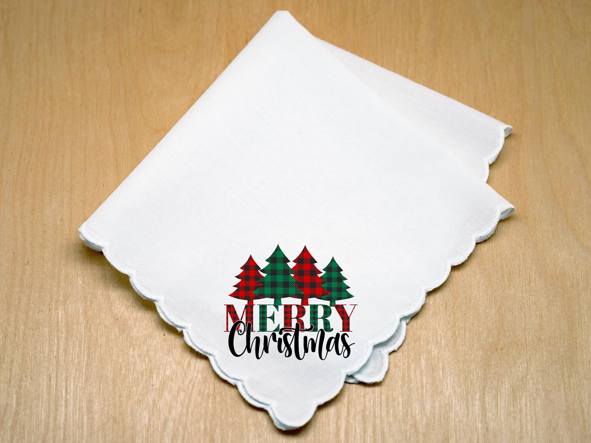 Merry Christmas Plaid Trees Print Handkerchief