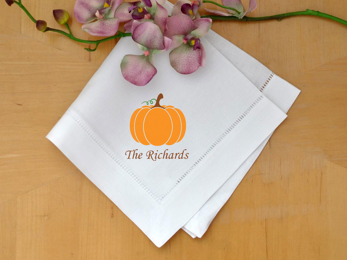 Set Of 4 Custom Linen Napkins With Festive Pumpkin And Name