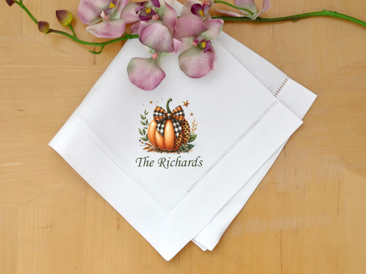 Set Of 4 Custom Linen Napkins With Plaid Pumpkin And Name