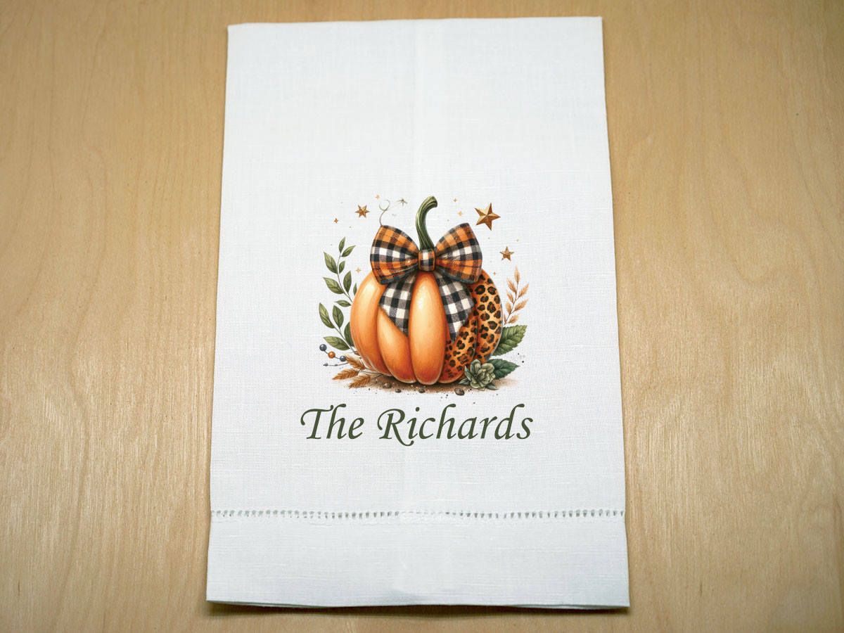 Custom Print Plaid Pumpkin Linen Hand Towel With Name