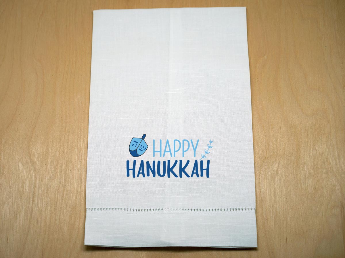 Happy Hanukkah Linen Hand Towel With Dreidel