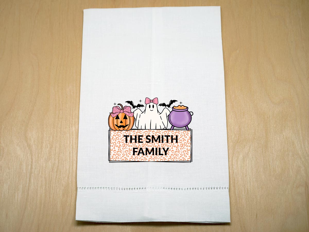 Personalized Family Halloween Linen Towel with Ghosts & Pumpkins