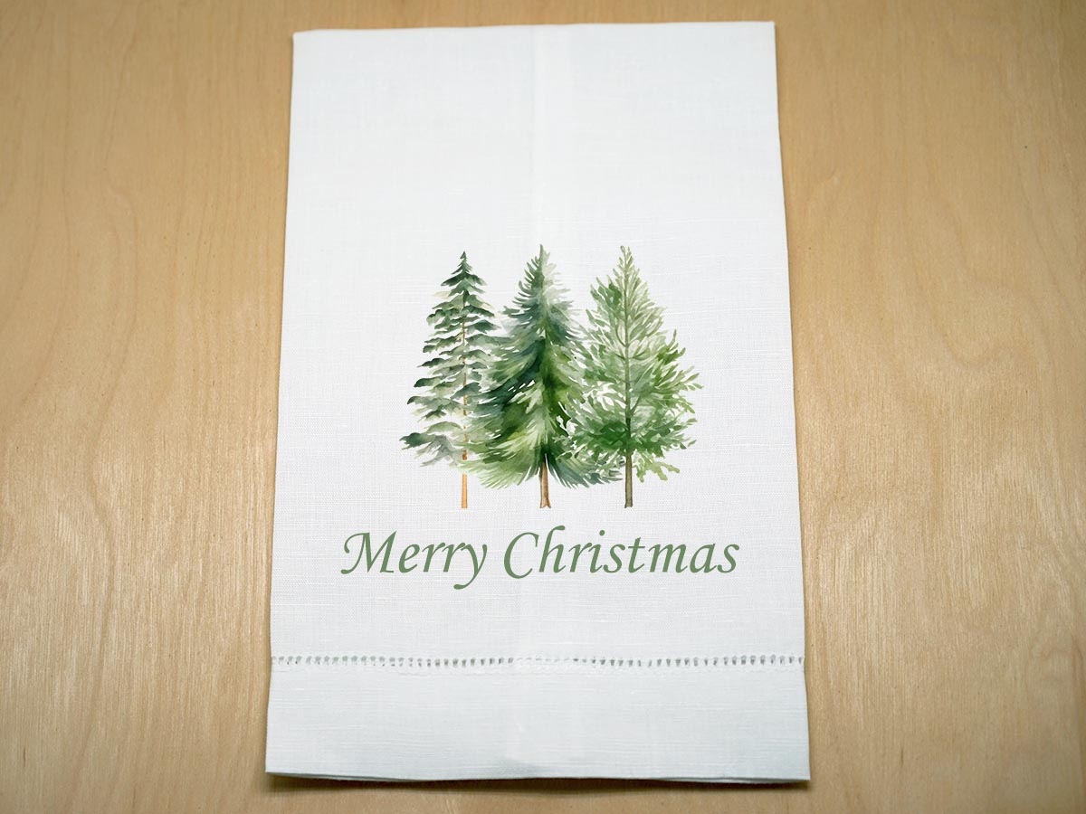 Custom Linen Hand Towel w/ Christmas Trees And 1 Line