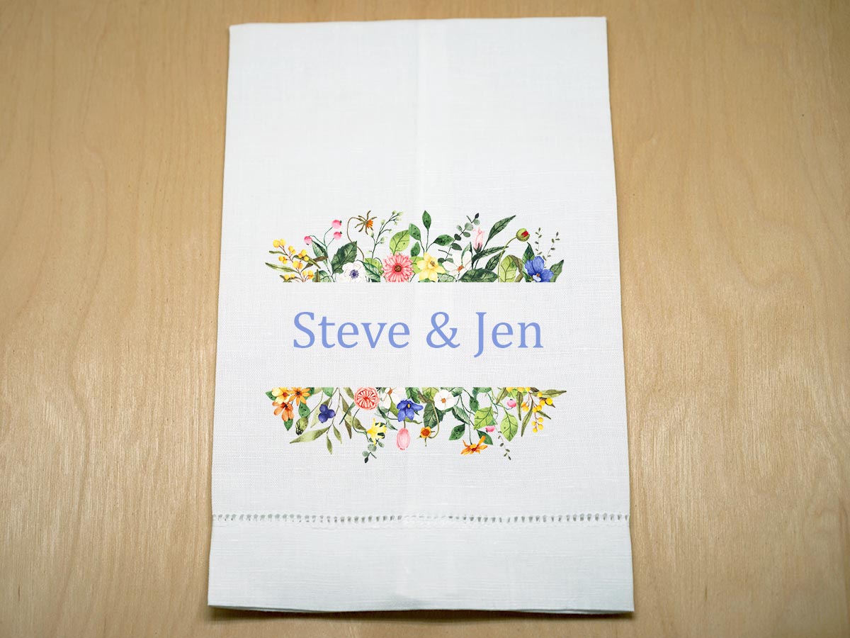 Custom Linen Hand Towel w/ Colorful Bouquet And 1 Line