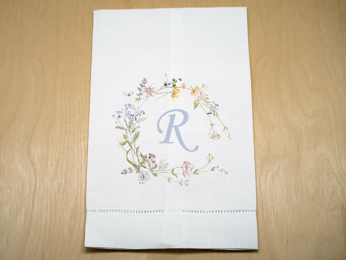 Custom Linen Hand Towel w/ Wild Flower Wreath And 1 Initial
